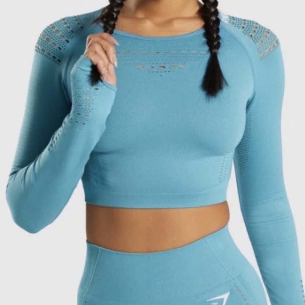 Gymshark Flawless Knit Long‎ Sleeve Crop Top Sea Blue Women’s Small Activewear
